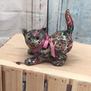 Joan Baker Patchwork Cat Figurine Pink Bow Paisley Print Ring Holder Collectible